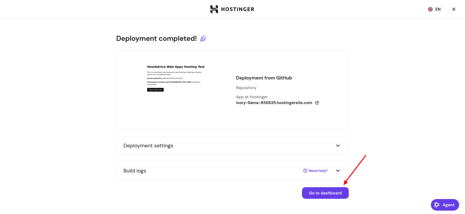 Hostinger Web App management dashboard in hPanel