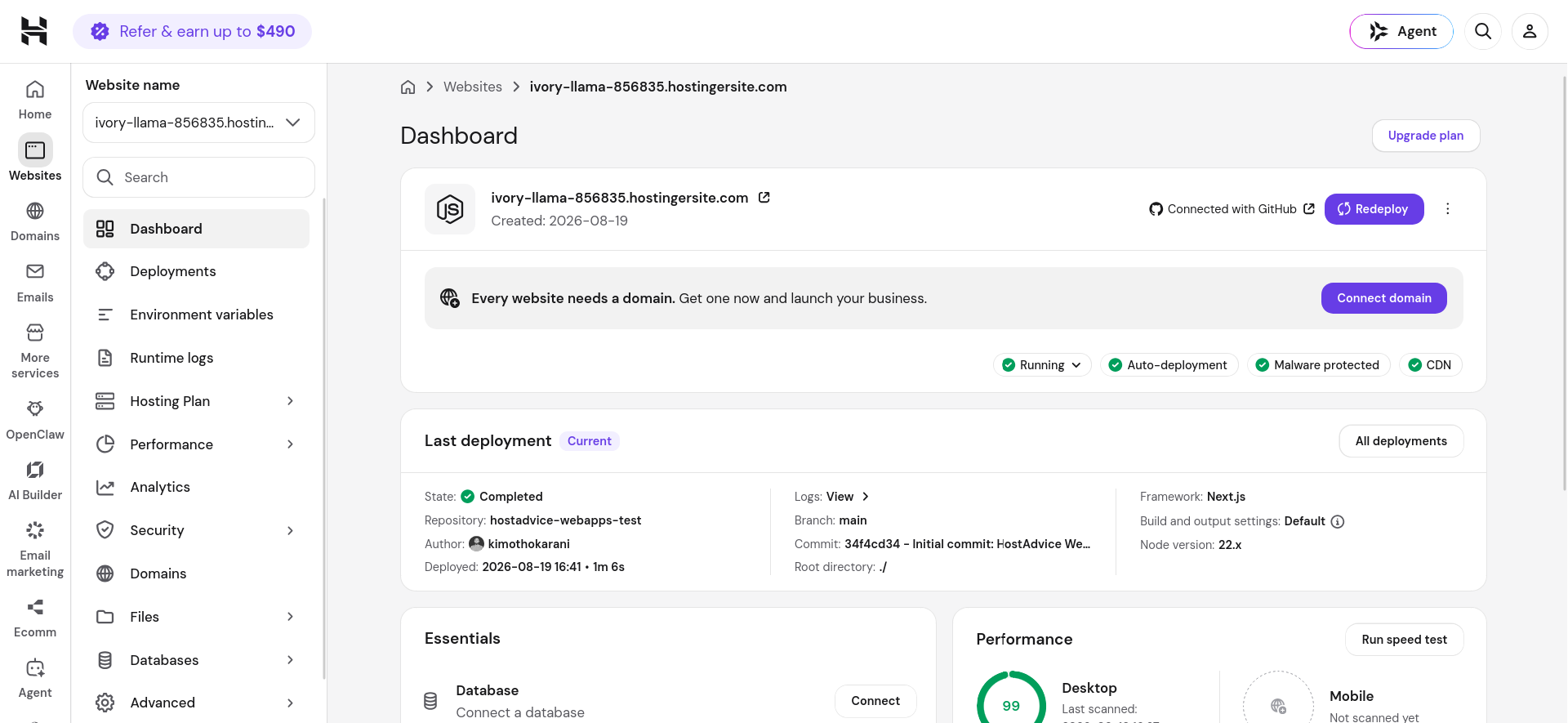 Hostinger Web App dashboard showing Page Speed score and Essentials tools