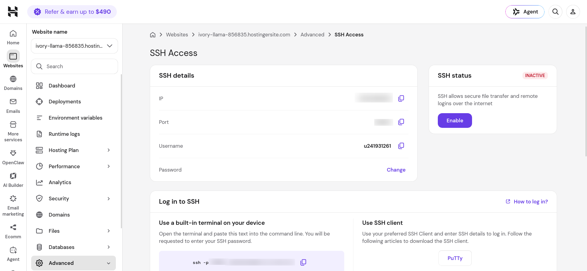 Hostinger Web Apps advanced access and SSH management screen
