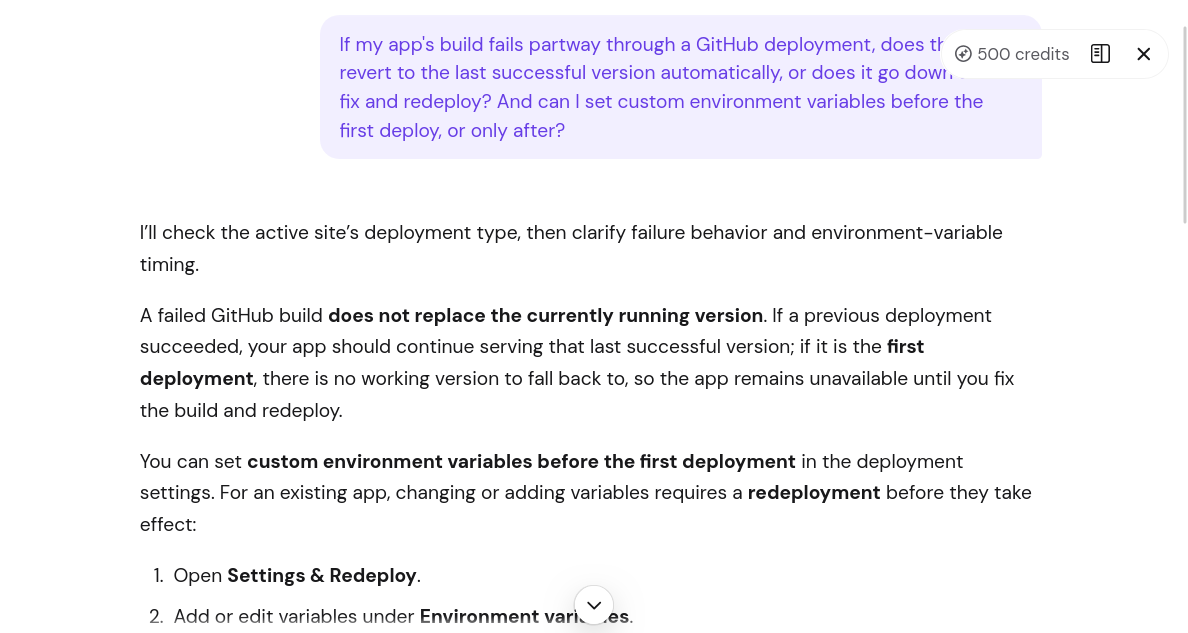Hostinger Kodee support answer about failed deployments and environment variables