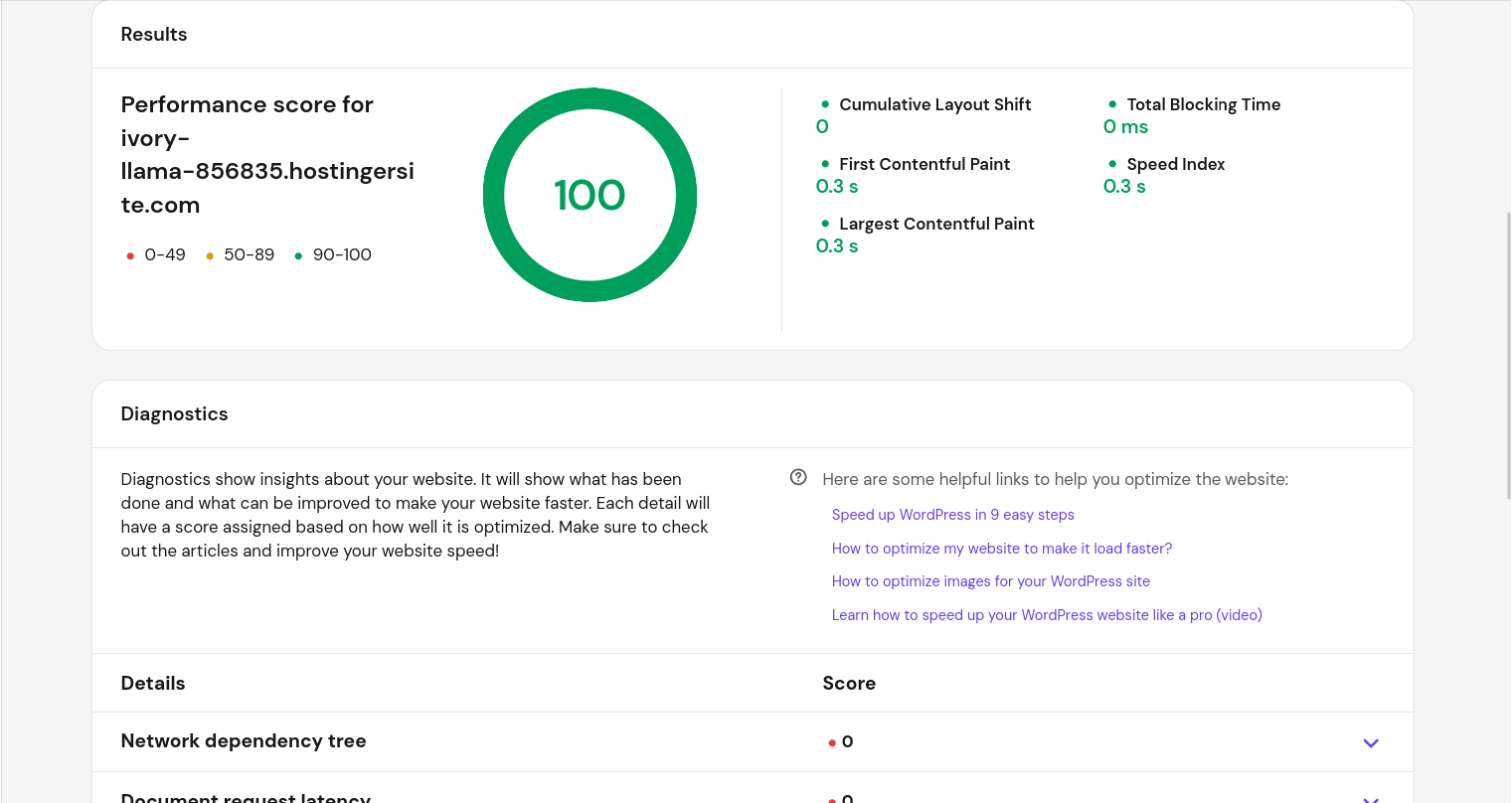 Hostinger Web Apps dashboard Page Speed test showing a perfect 100 performance score for ivory-llama-856835.hostingersite.com on Desktop