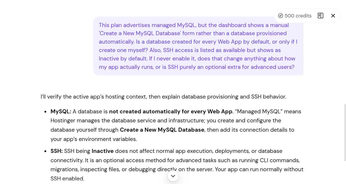 Hostinger Kodee support answer about managed MySQL and SSH access