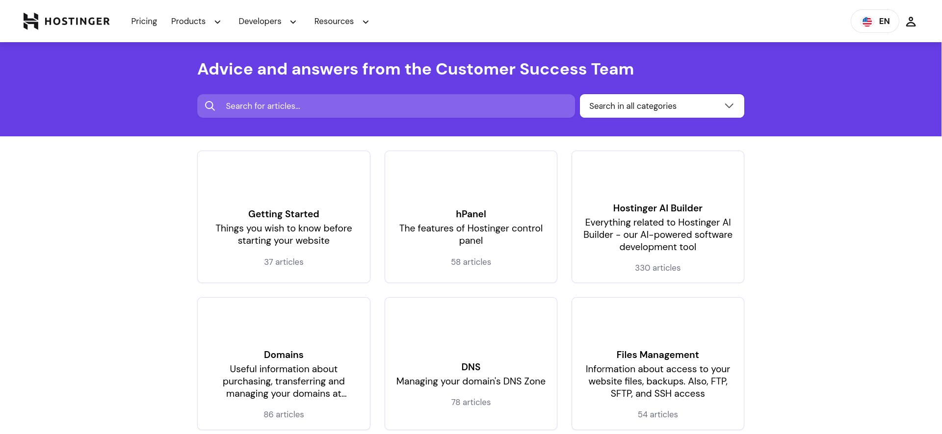Hostinger knowledge base category grid