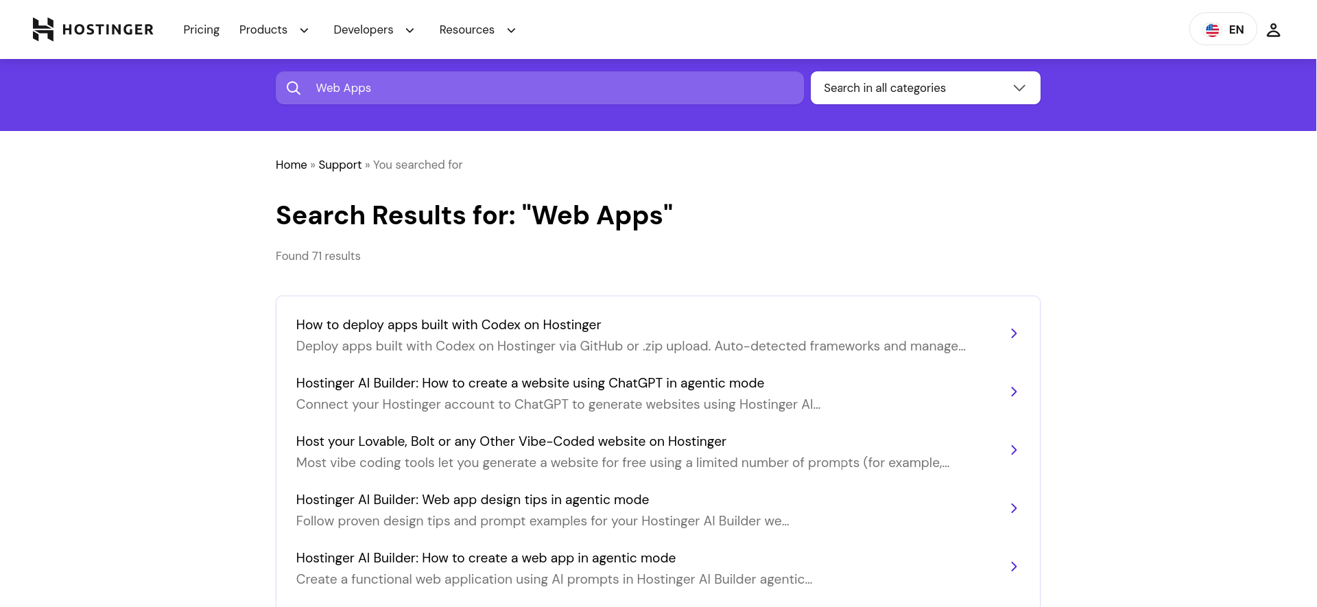 Hostinger knowledge base Web Apps search results