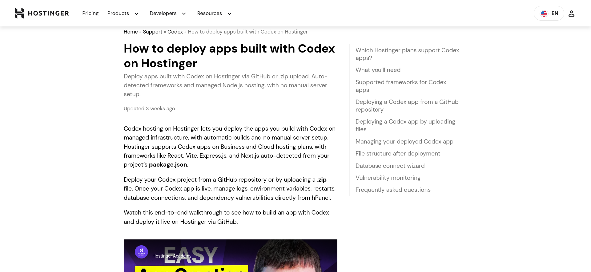 Hostinger knowledge base guide for deploying apps built with Codex