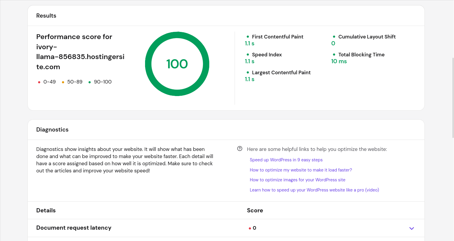 Hostinger Web Apps dashboard Page Speed test showing a perfect 100 performance score for ivory-llama-856835.hostingersite.com on Mobile