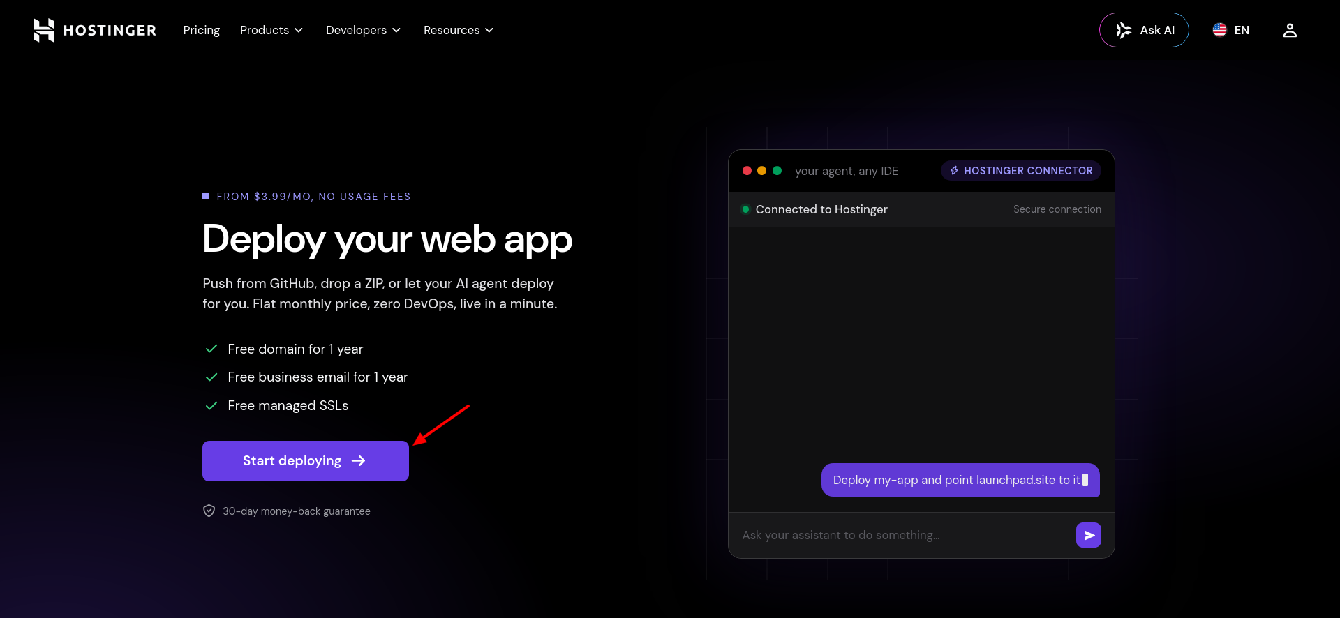 Hostinger Web Apps Hosting landing page with Start deploying button