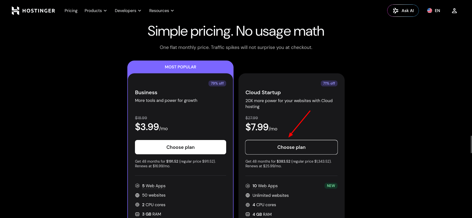 Hostinger Cloud Startup plan selected on the Web Apps Hosting pricing page