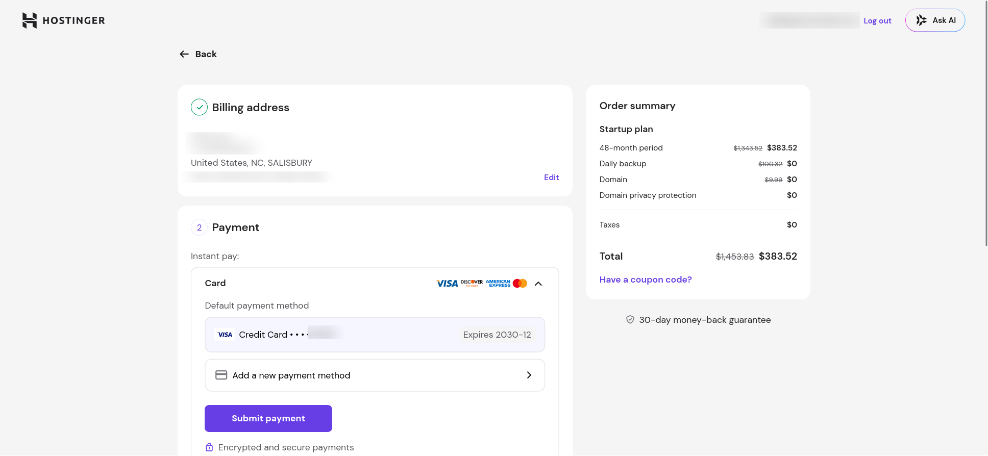 Hostinger payment confirmation and provisioned Web Apps Hosting plan