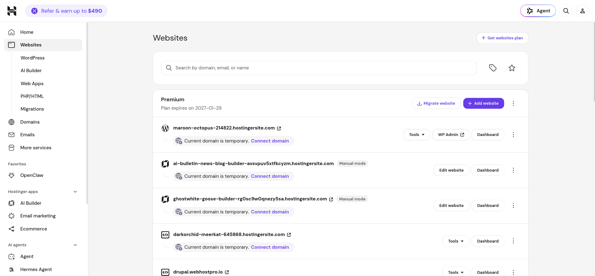Hostinger hPanel Websites section showing hosting plans and existing websites