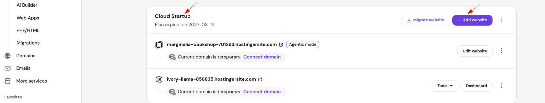 Hostinger hPanel hosting plan showing the Add website button