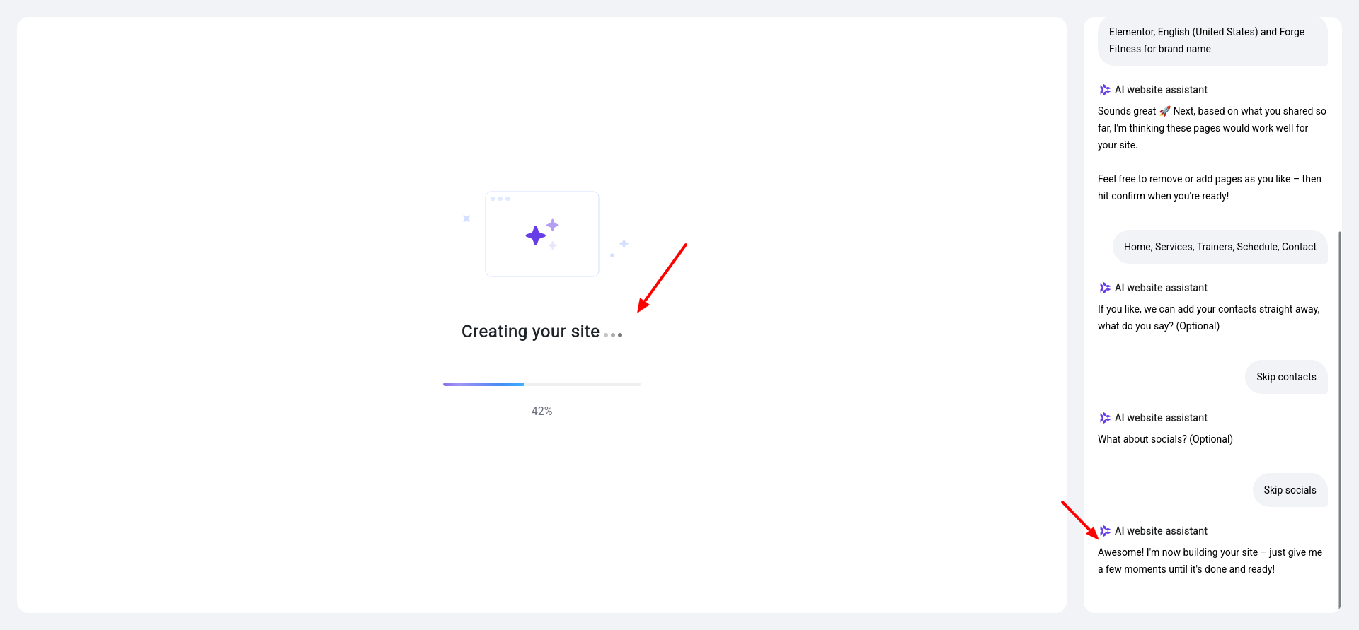 Hostinger AI WordPress website generation screen showing site creation progress