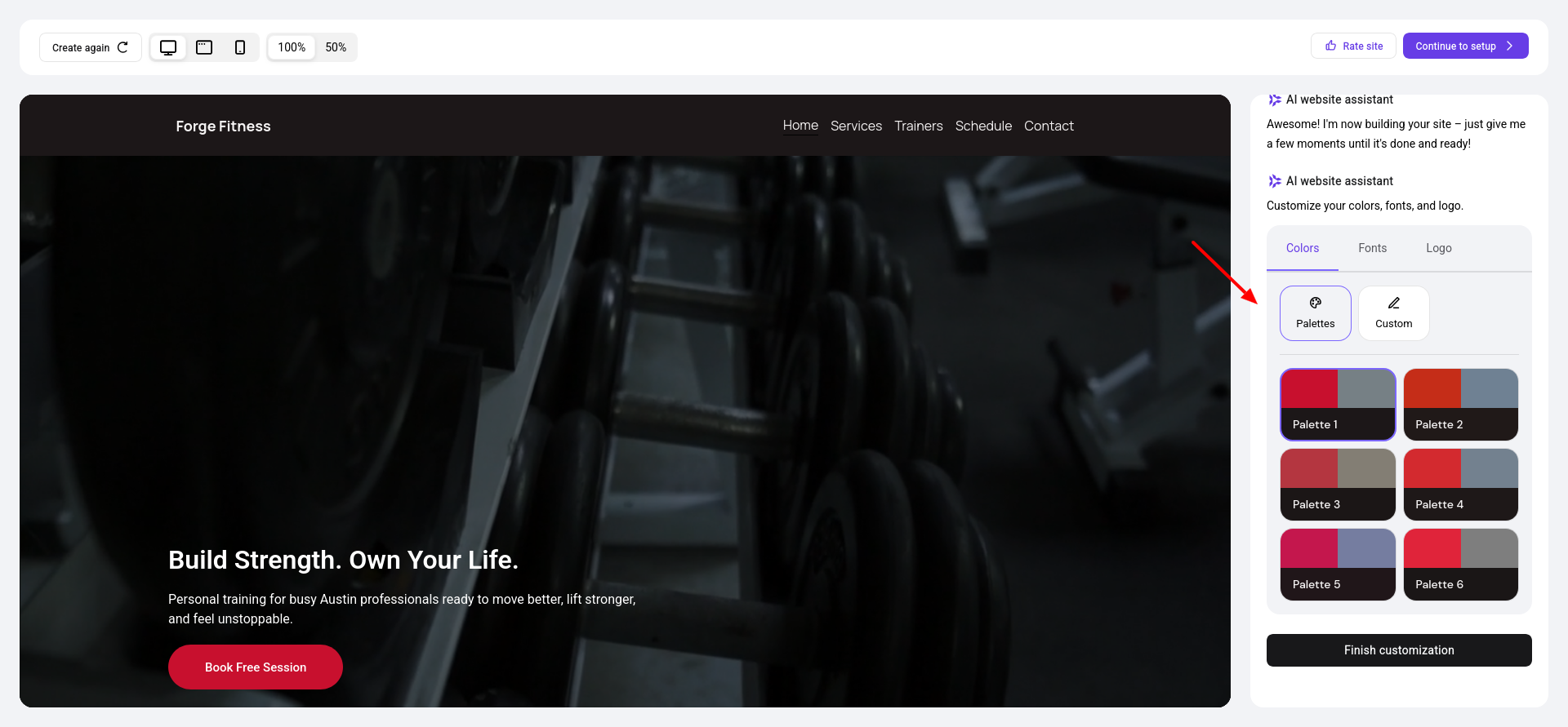 Hostinger AI WordPress customization panel with Colors, Fonts, and Logo options