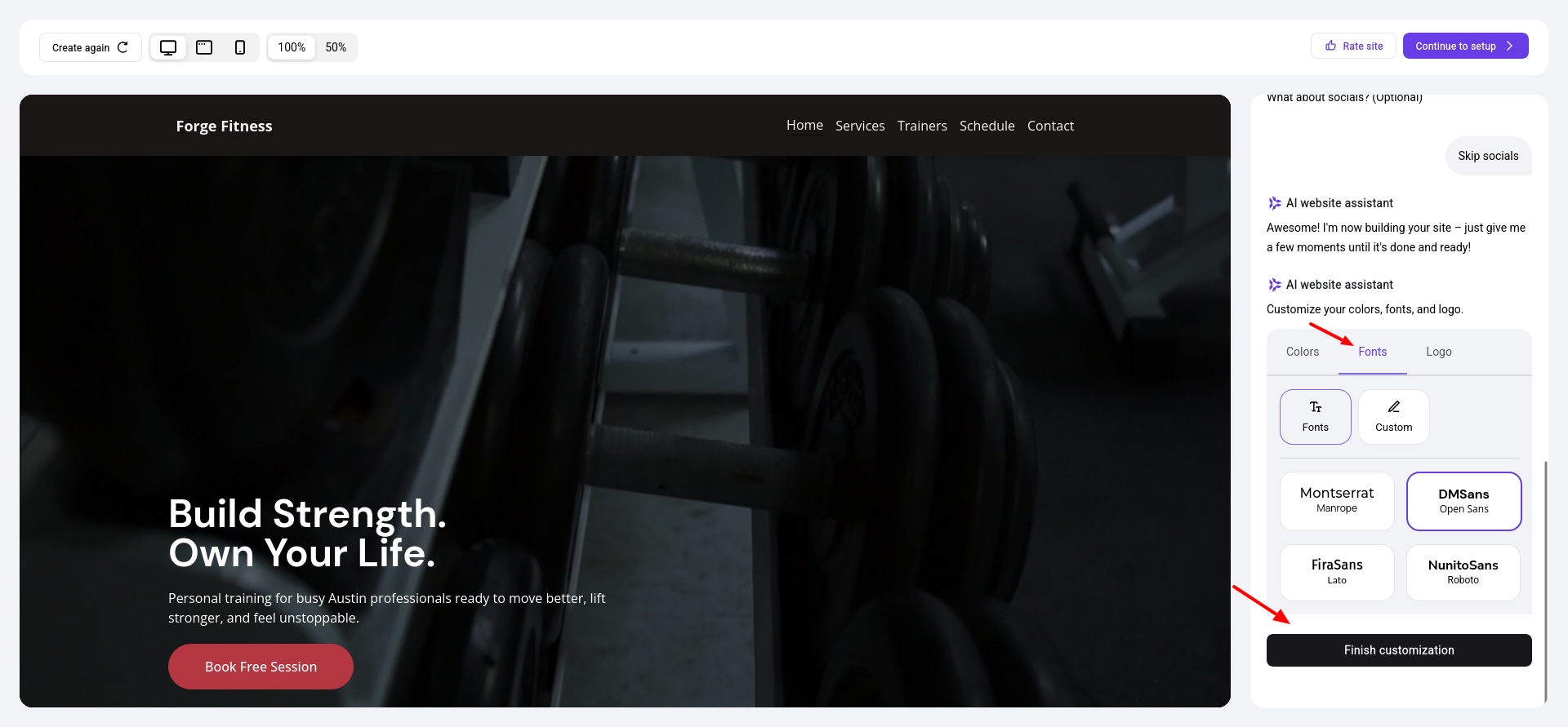 Hostinger AI website preview after applying WordPress color and font customization