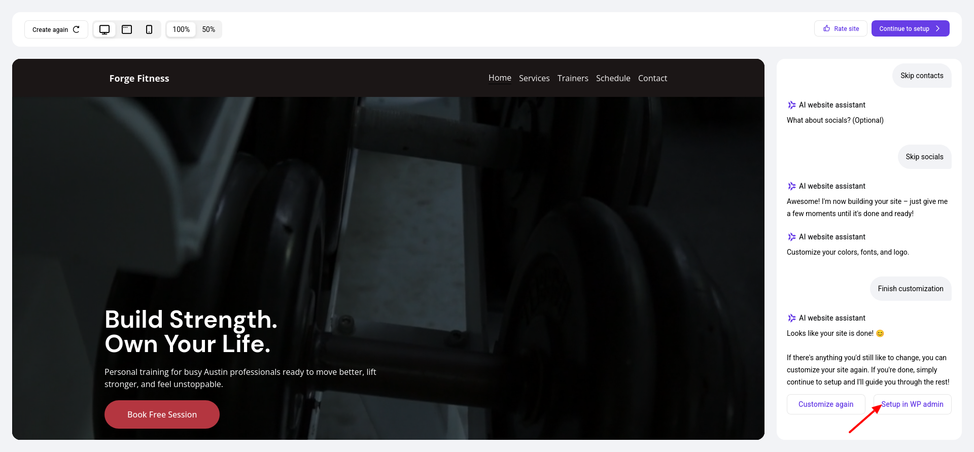 Hostinger AI assistant finished site screen with Customize again and Setup in WP admin buttons