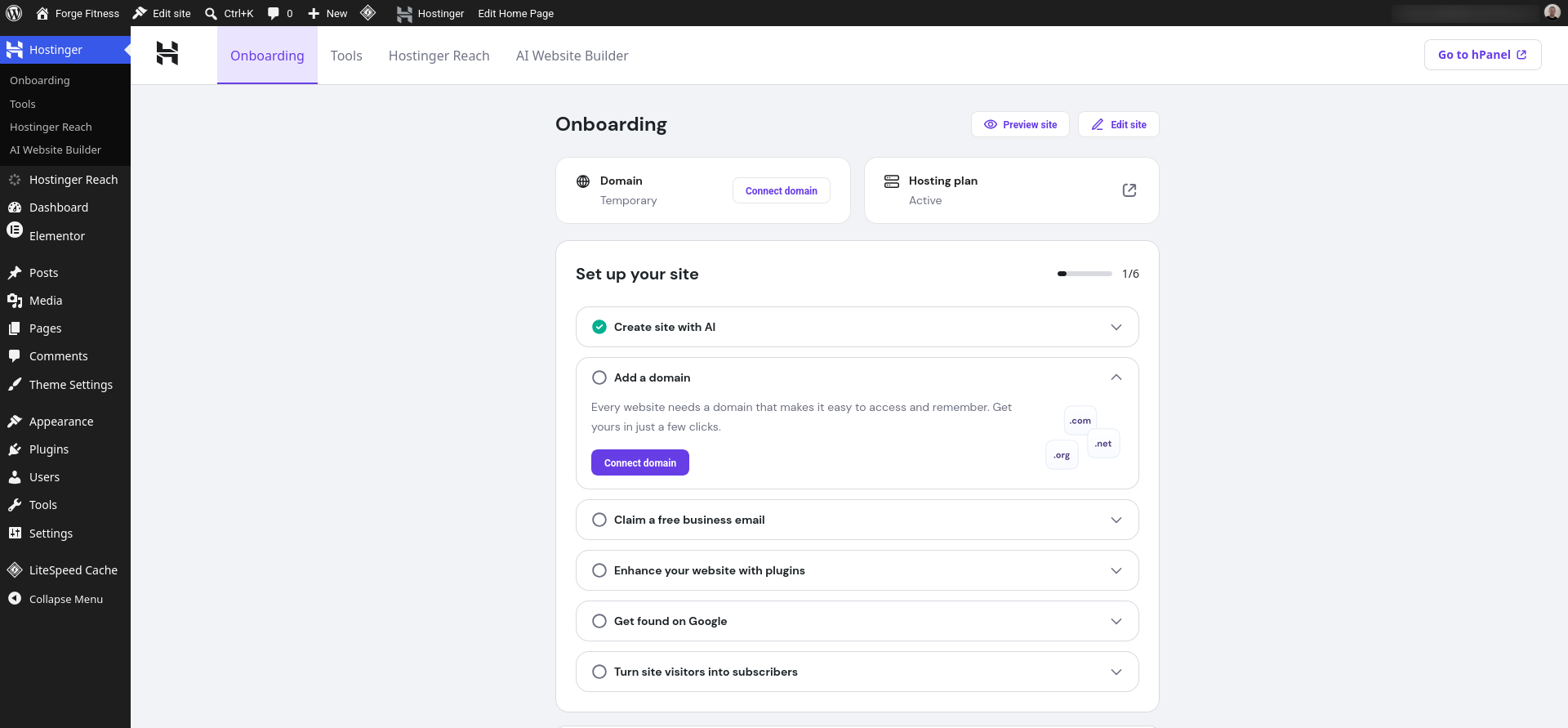 Hostinger WordPress admin onboarding checklist for domain, email, plugins, SEO, and subscribers