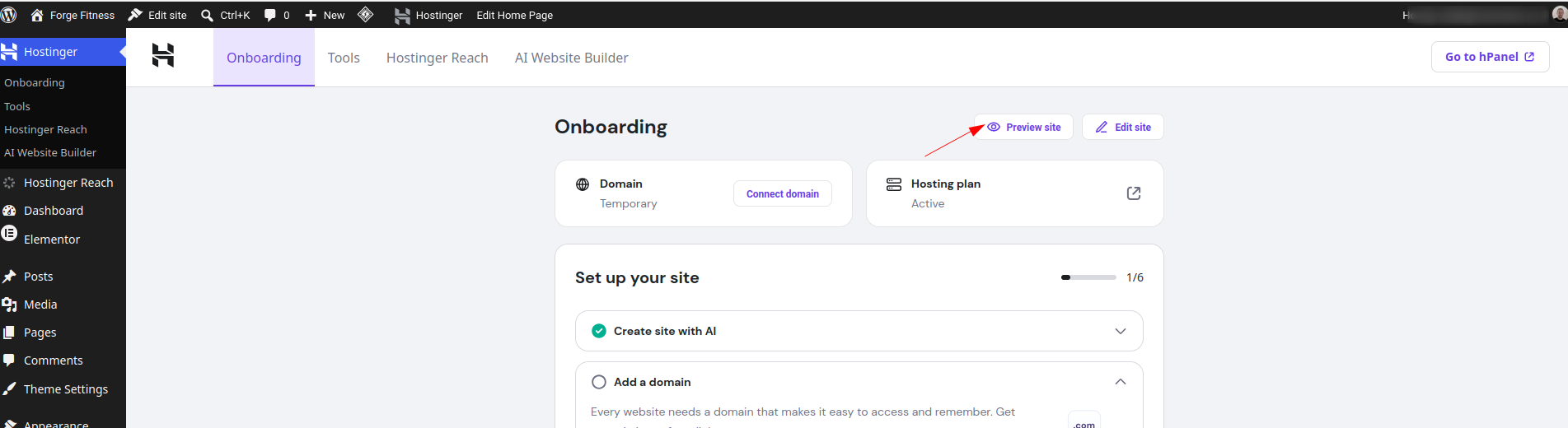 Finished Hostinger WordPress website generated with AI and displayed in live preview