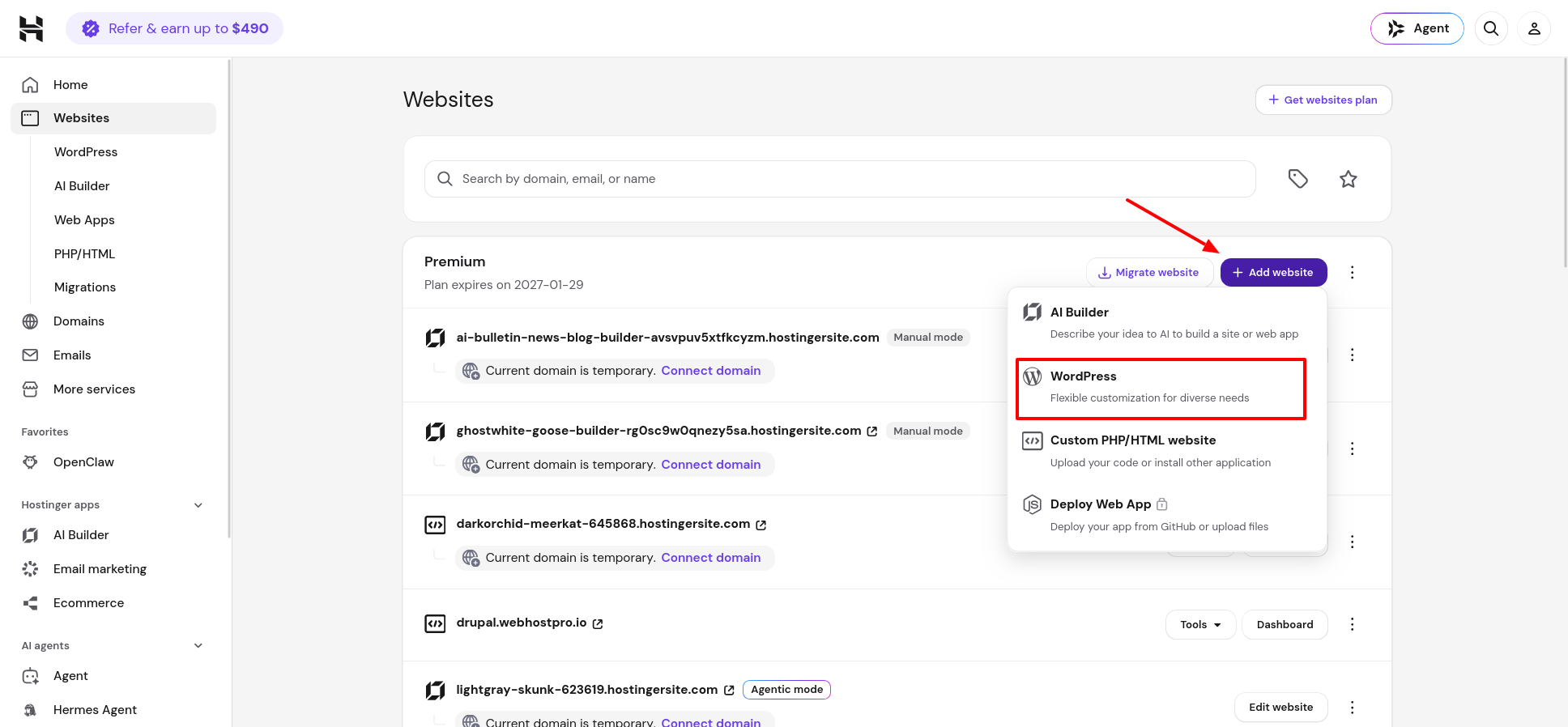 Hostinger Add website menu showing AI Builder, WordPress, Custom PHP HTML website, and Deploy Web App options