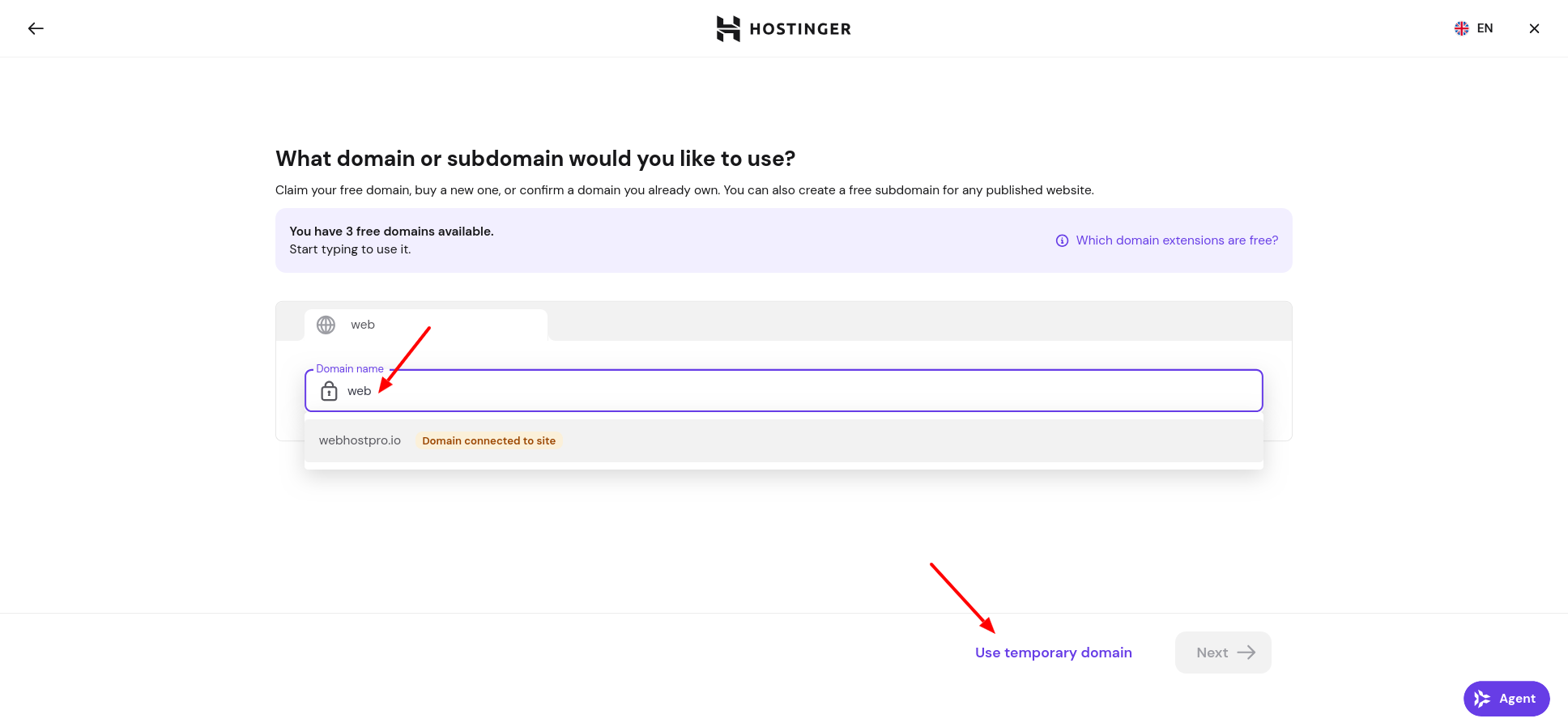 Hostinger WordPress installation screen for selecting a domain or using a temporary domain