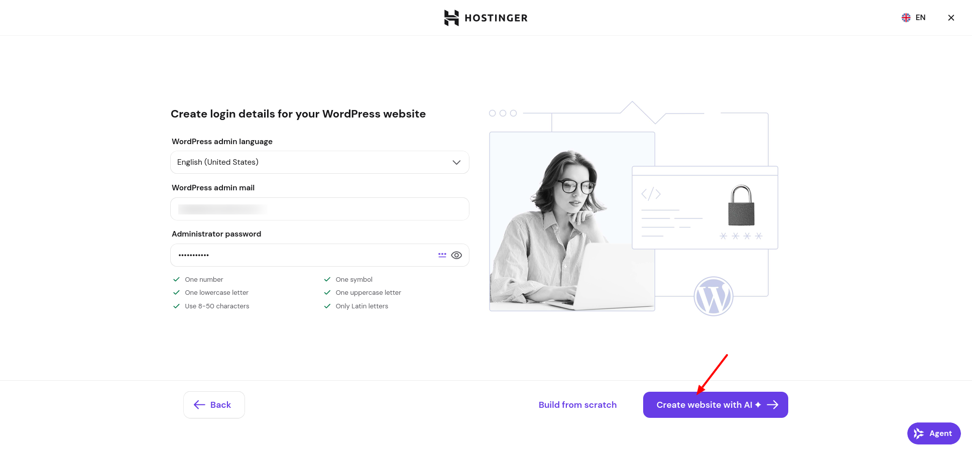 Hostinger WordPress setup screen for admin language, email, and administrator password