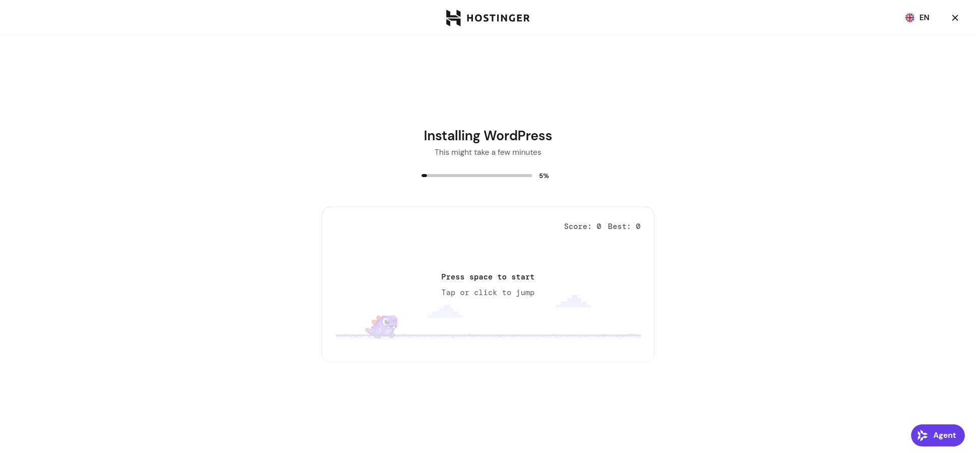 Hostinger WordPress installation progress screen showing the installation percentage