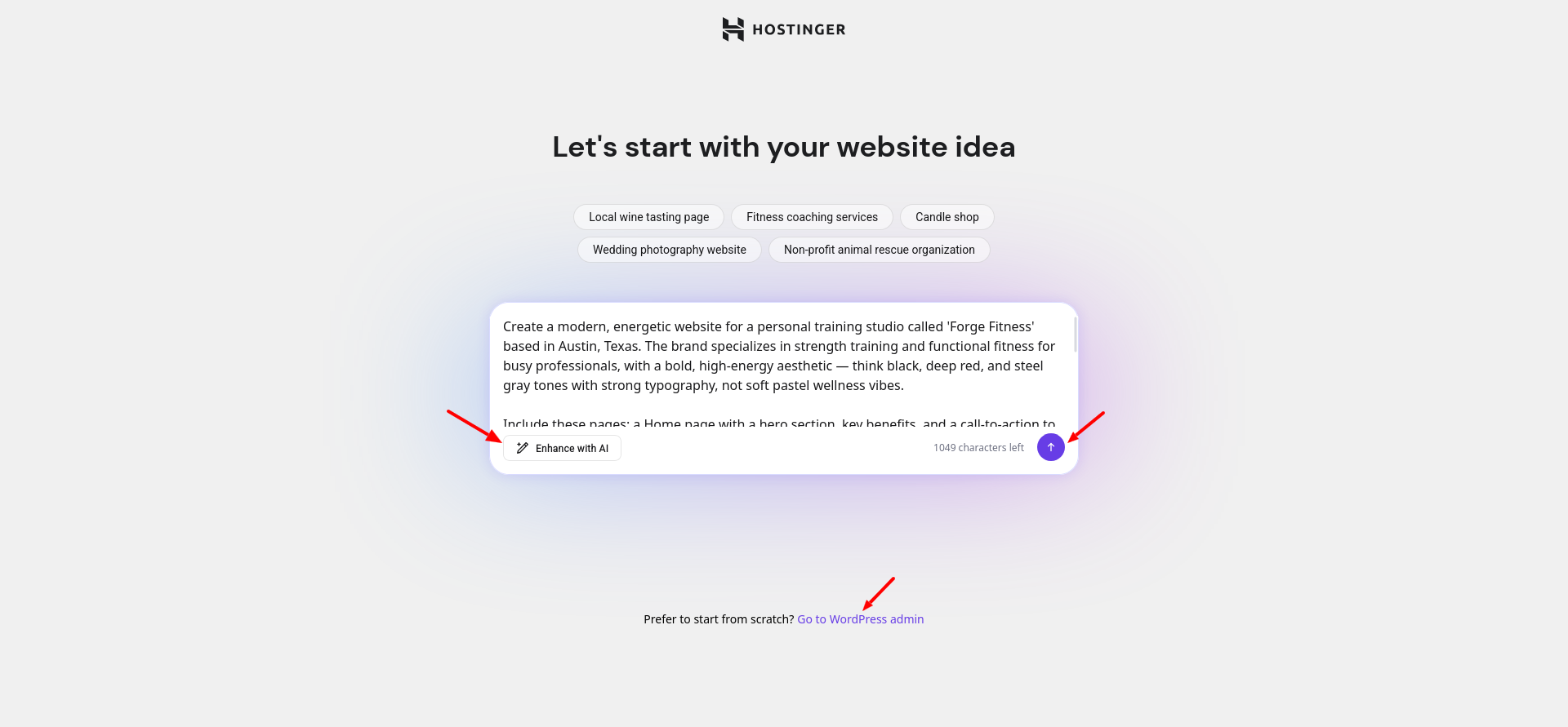Hostinger AI website creation prompt screen with example prompts and Enhance with AI button