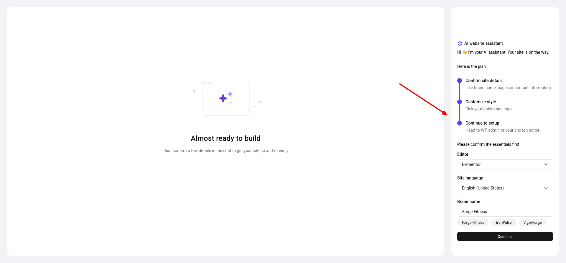 Hostinger AI assistant setup chat confirming Elementor, site language, and brand name