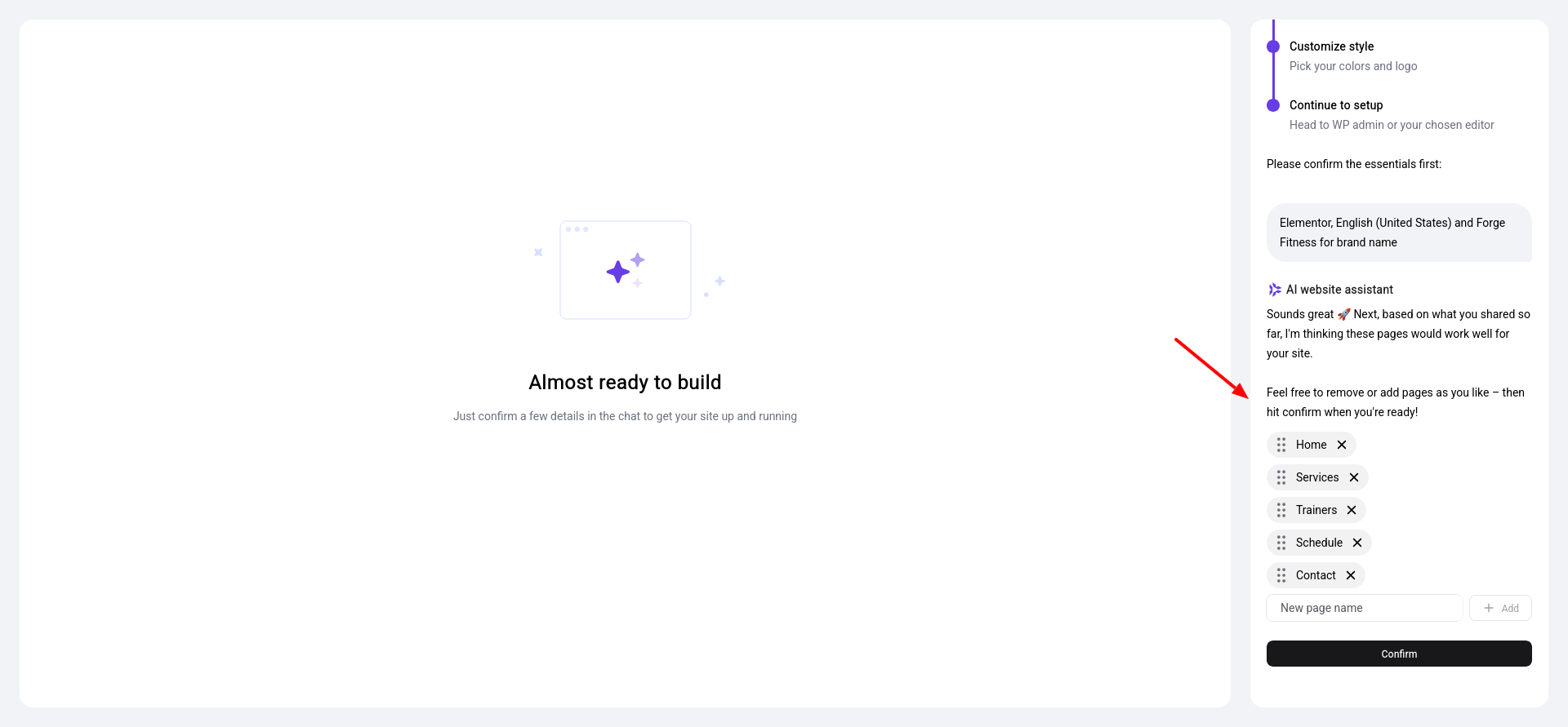 Hostinger AI website assistant showing proposed WordPress pages before site generation