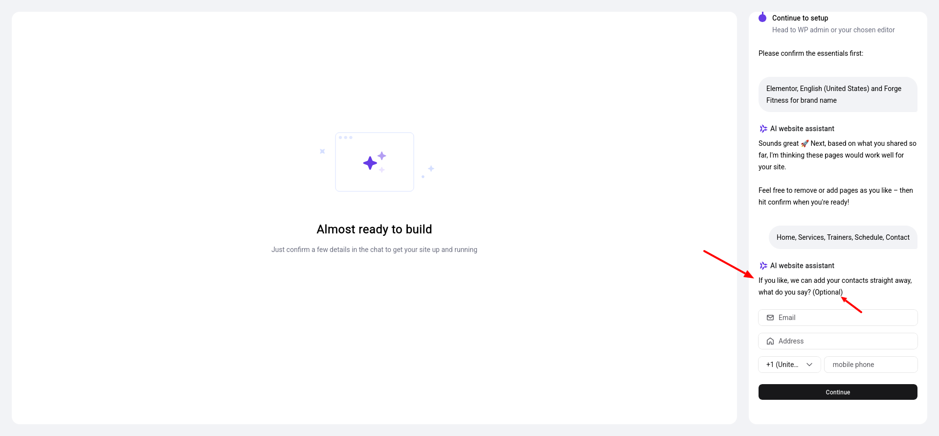 Hostinger AI assistant asking for website contact details and social media links