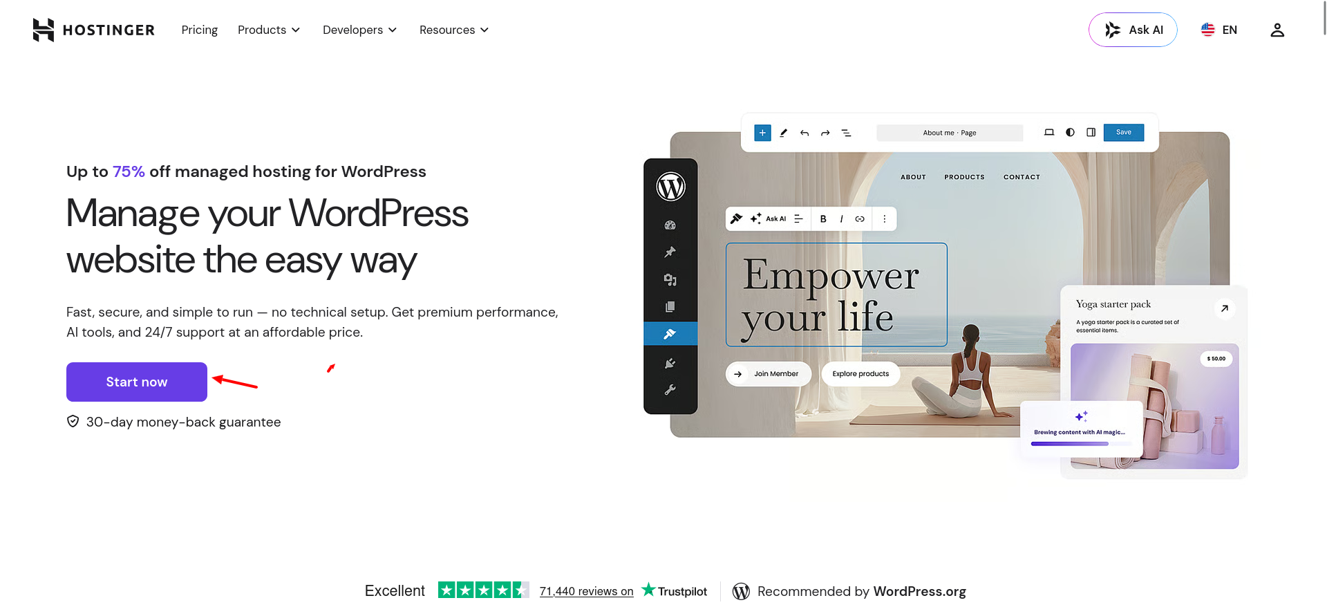 Hostinger managed WordPress hosting landing page with a Start Now button and 30-day money-back guarantee