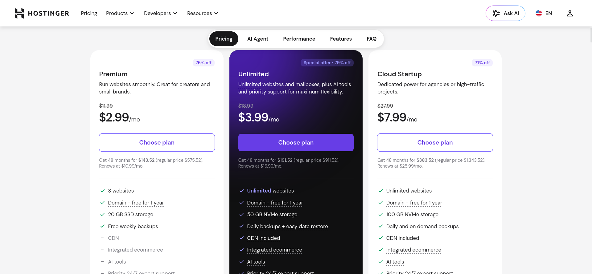 Hostinger pricing page comparing Premium, Unlimited, and Cloud Startup plans with storage and feature details