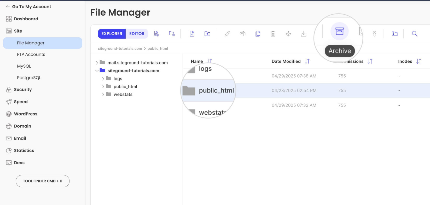 SiteGround File Manager showing the website root folder ready to archive
