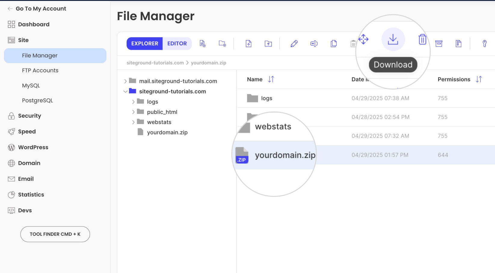 SiteGround File Manager showing the website files archived into a ZIP file for download