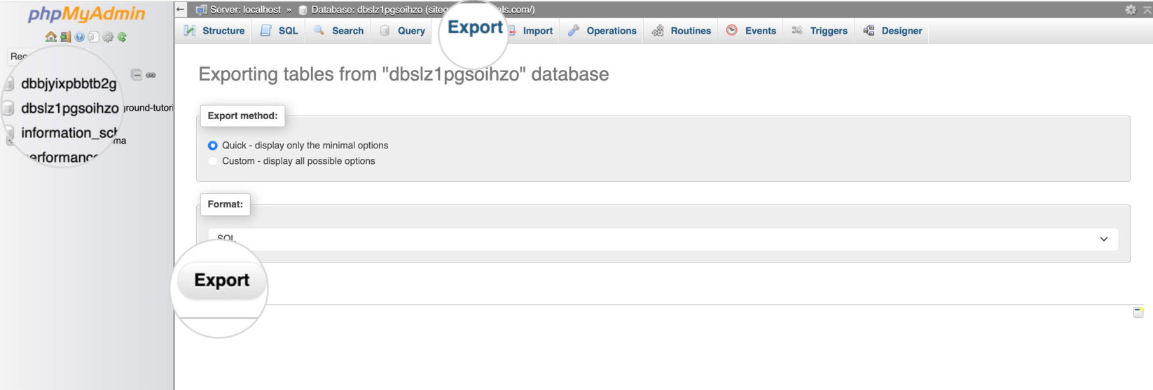 SiteGround phpMyAdmin Export tab for downloading the website database as an SQL file
