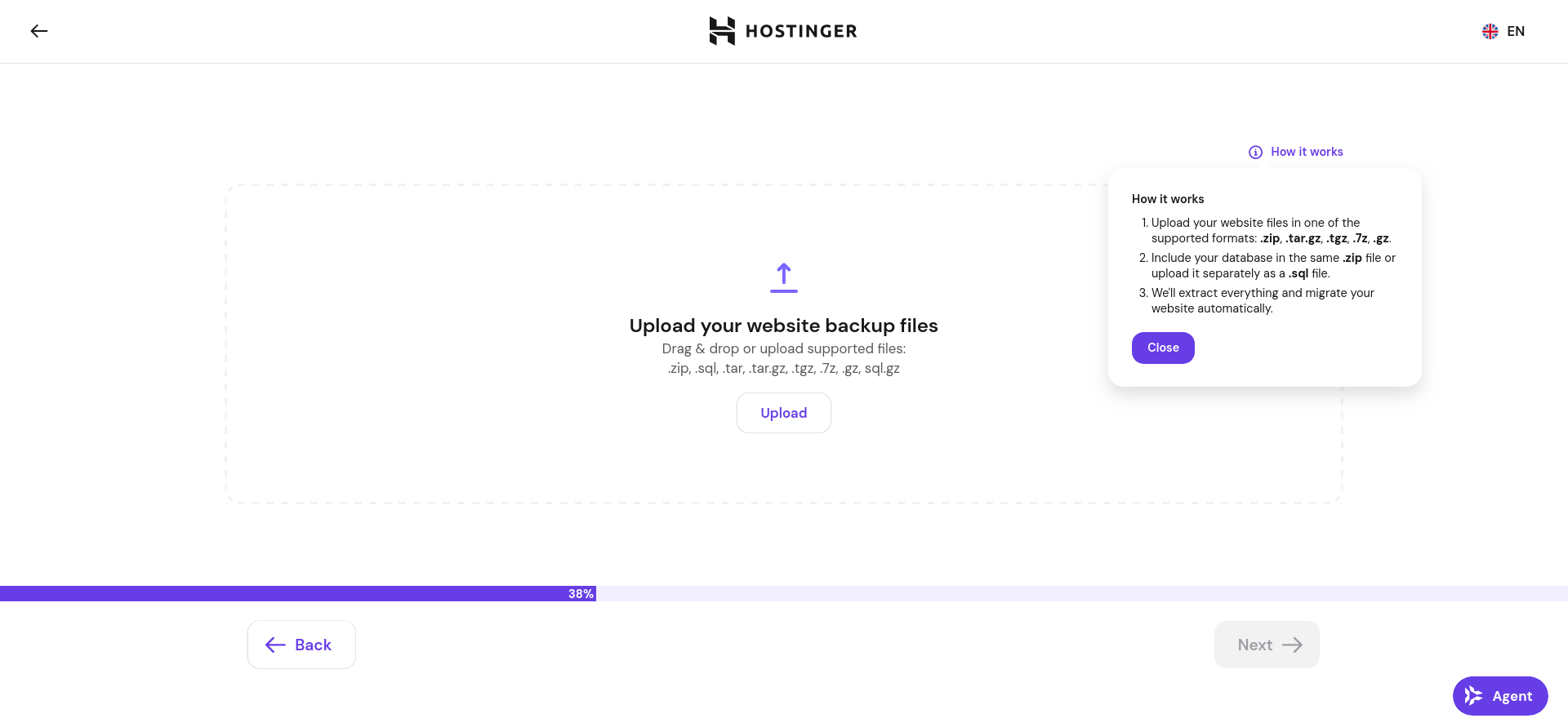 Hostinger migration wizard for uploading website backup files