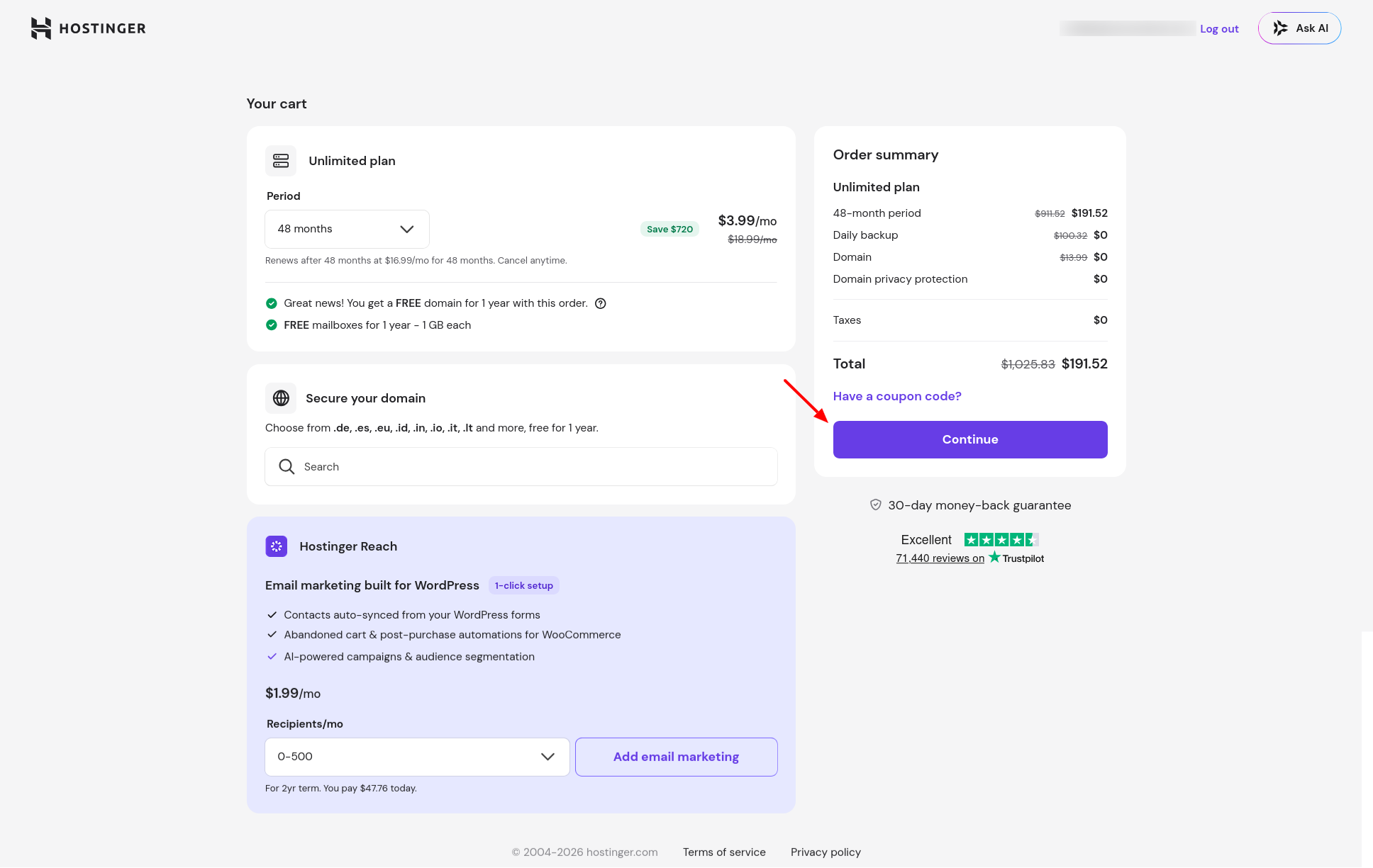 Hostinger cart summary showing the Unlimited plan with a free domain and free mailboxes included
