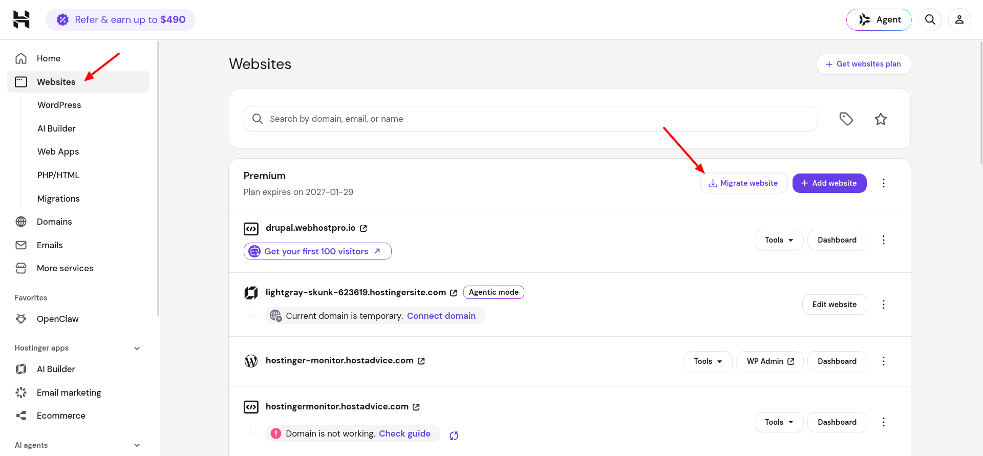 hPanel Websites page with the Migrate Website button highlighted next to an active site