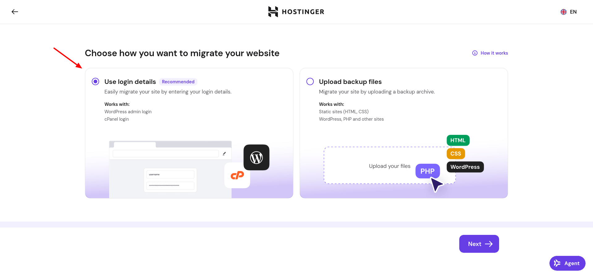 Hostinger migration wizard showing Use Login Details marked as recommended alongside Upload Backup Files as an alternative