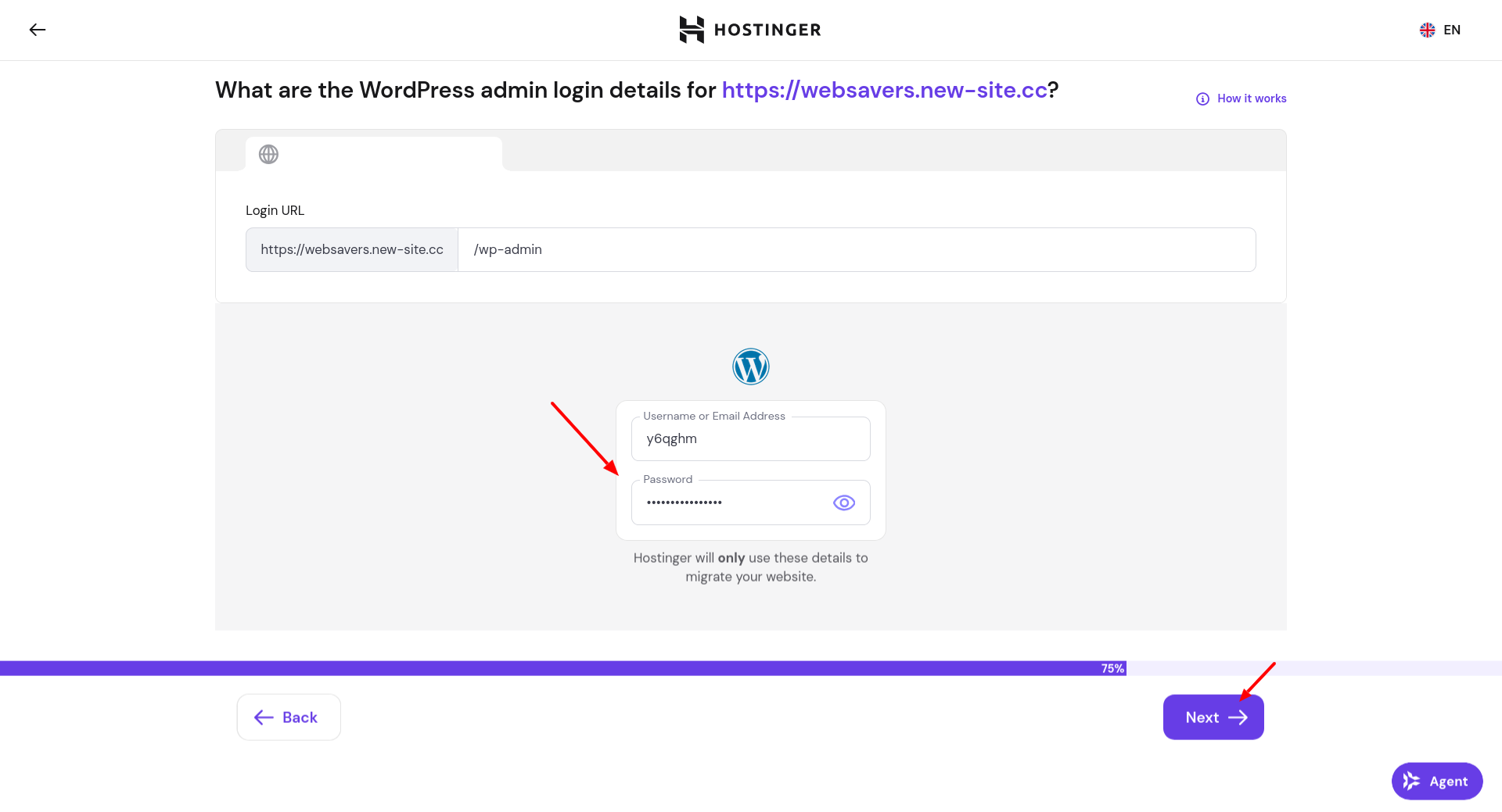 Hostinger migration wizard requesting WordPress admin username and password for the site being migrated