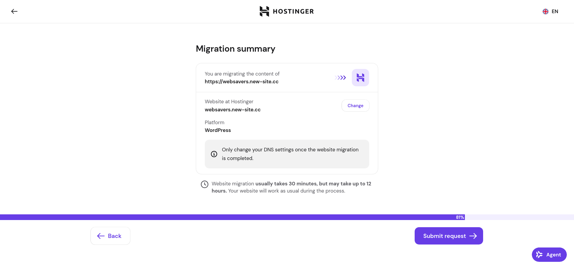 Hostinger migration summary screen showing source and destination details with a Submit Request button