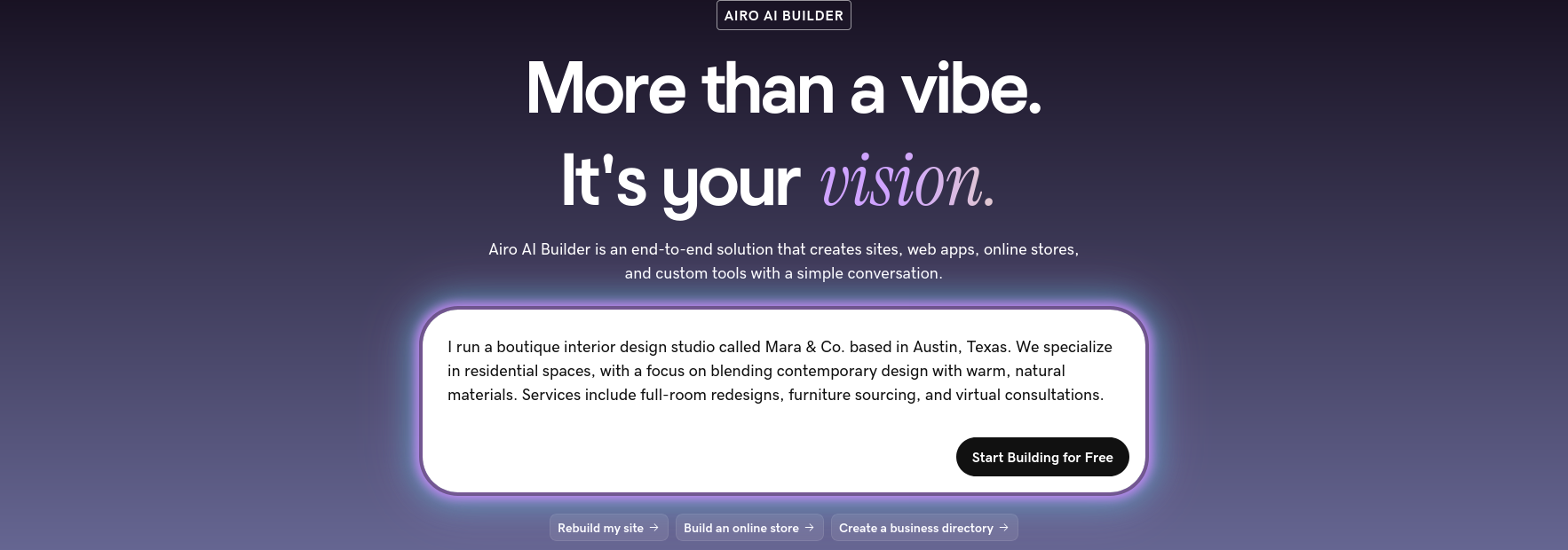 GoDaddy Airo AI Builder business prompt screen