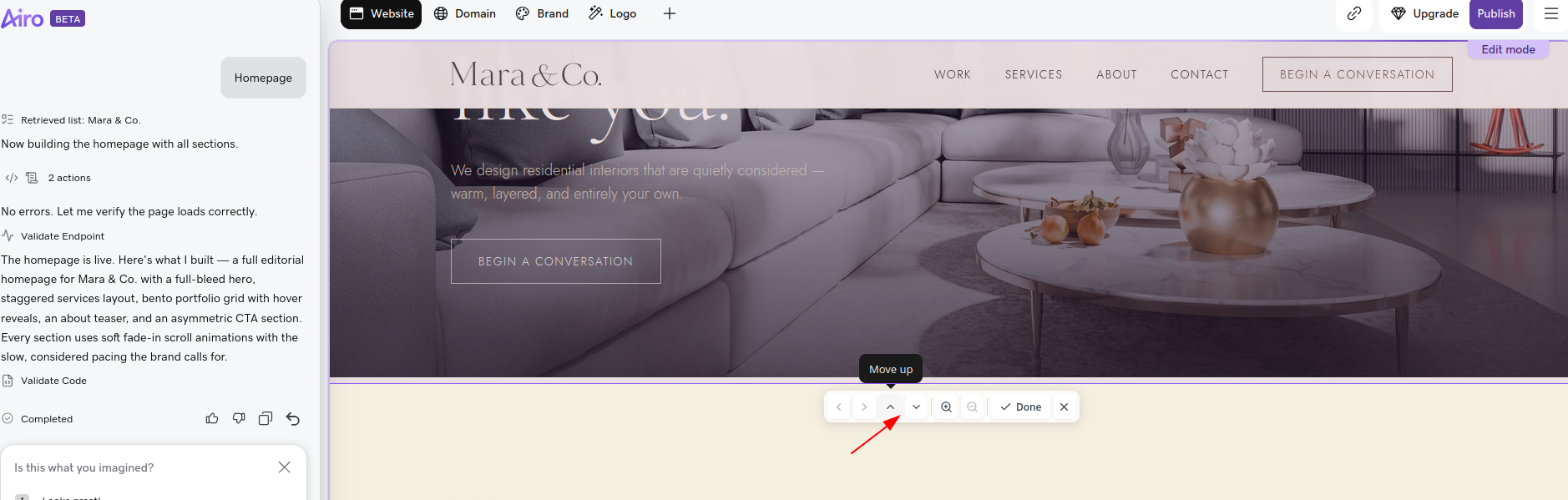 GoDaddy Airo section-level editing controls