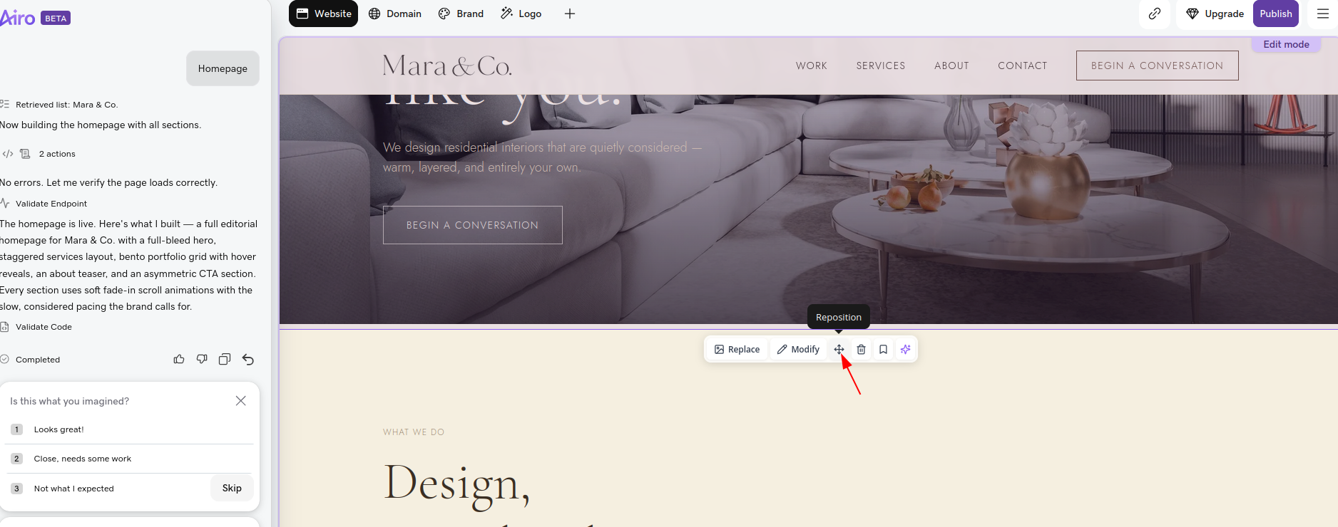 GoDaddy Airo element-level editing toolbar with Replace Modify Reposition Delete and AI controls