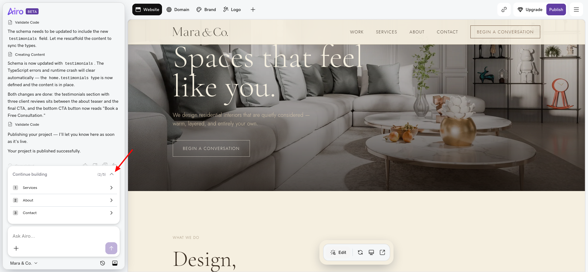 GoDaddy Airo Continue building page progress list