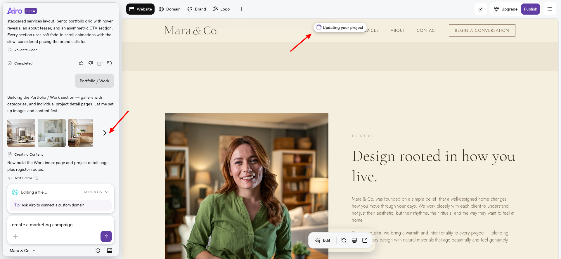 GoDaddy Airo Portfolio Work page building process