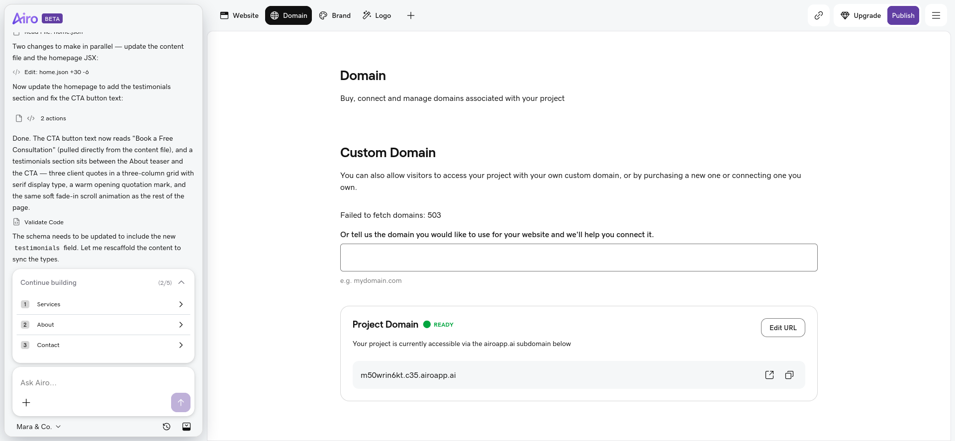 GoDaddy Airo Domain tab for connecting a custom domain