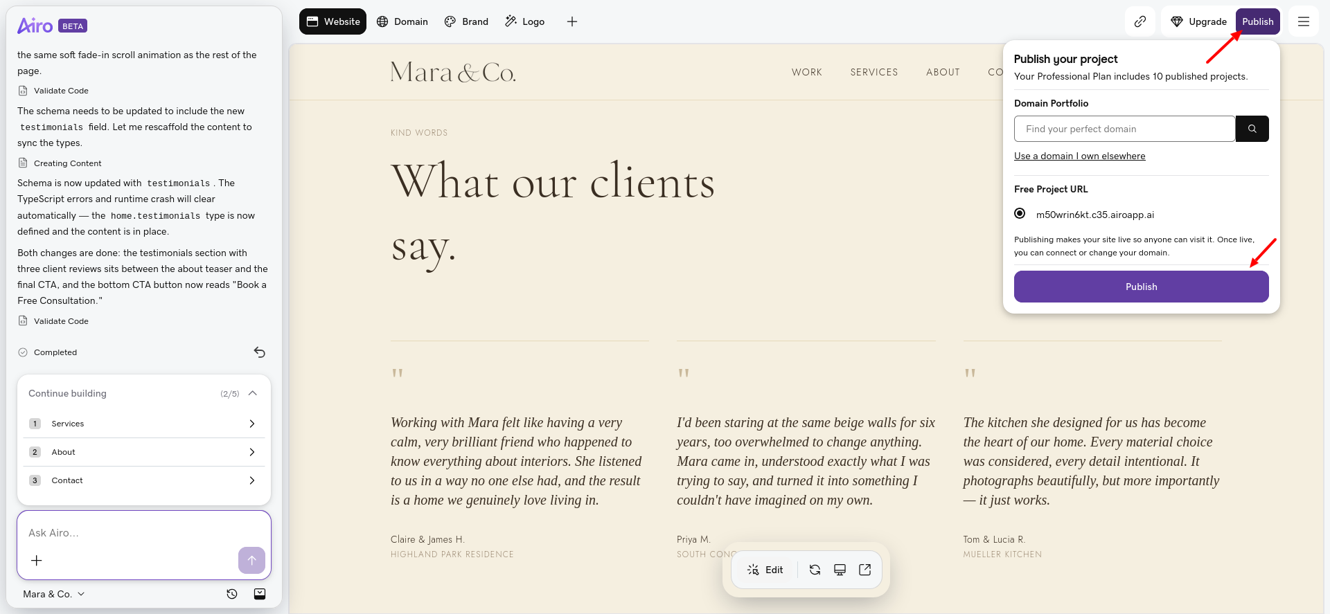 GoDaddy Airo website publishing options and domain selection