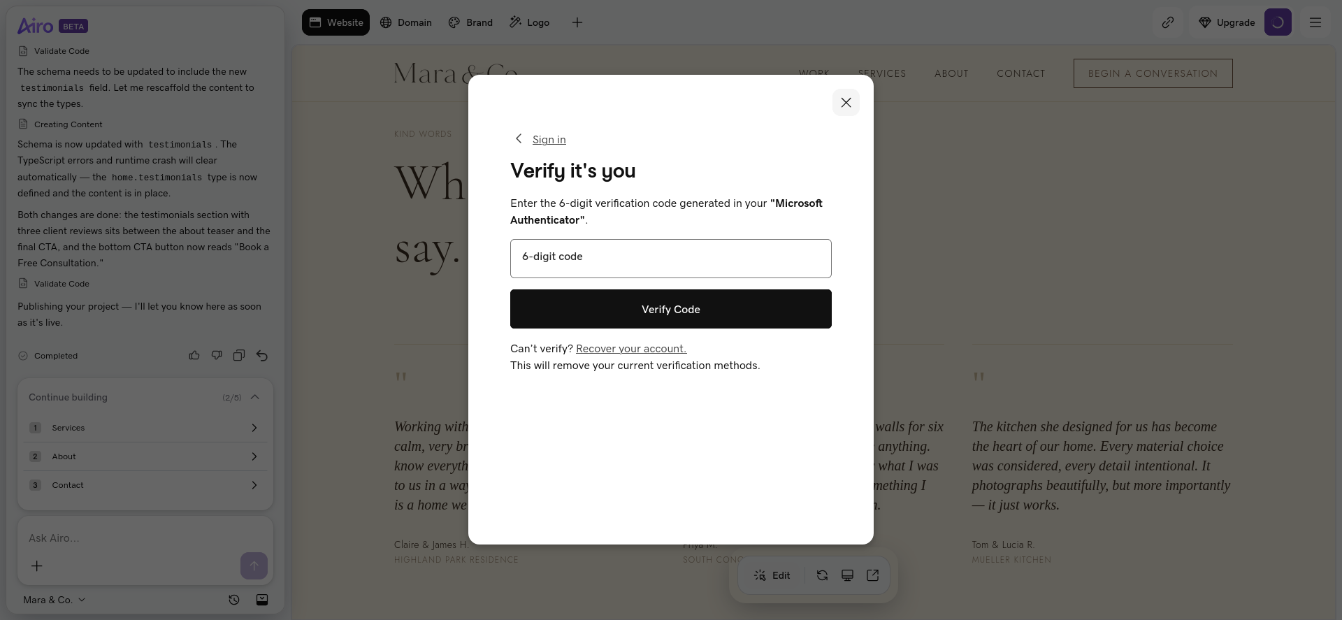 GoDaddy Airo Microsoft Authenticator verification before publishing