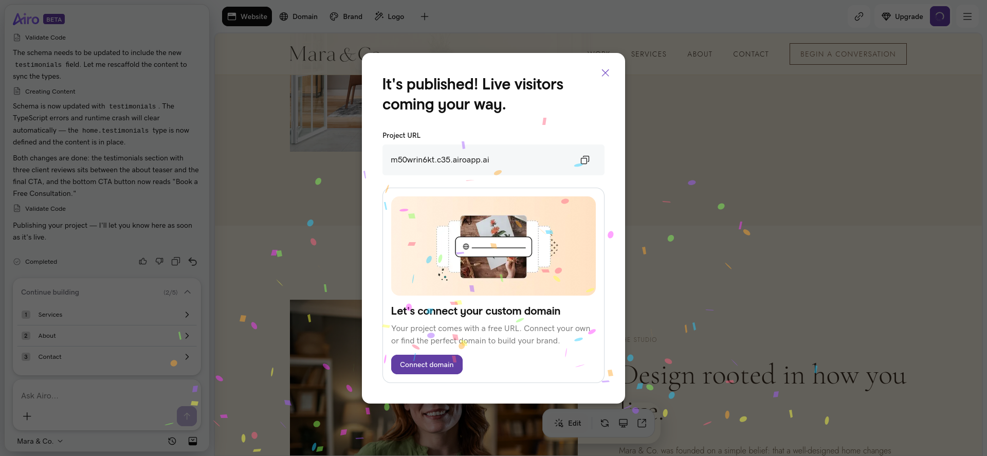 GoDaddy Airo website published confirmation screen with project URL