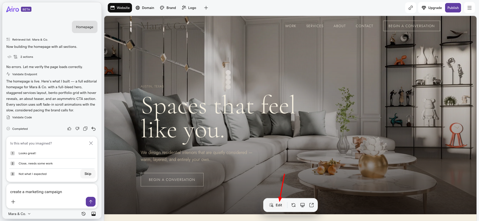 GoDaddy Airo homepage Edit mode